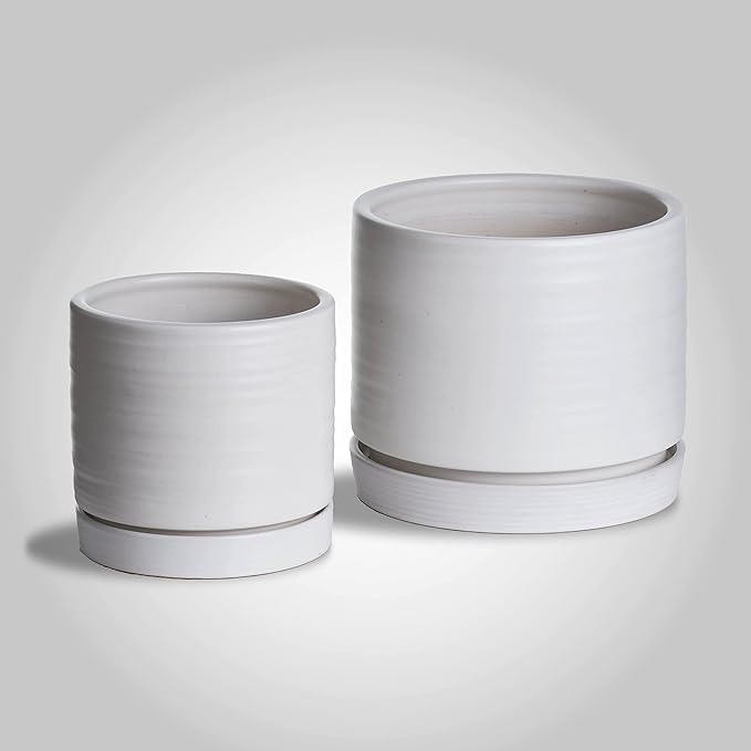 6 + 8 Inch Plant Pots, Ceramic Planter Pot with Drainage Hole & Saucer, Indoor/Outdoor Cylinder Round Planter Pot, Matte White