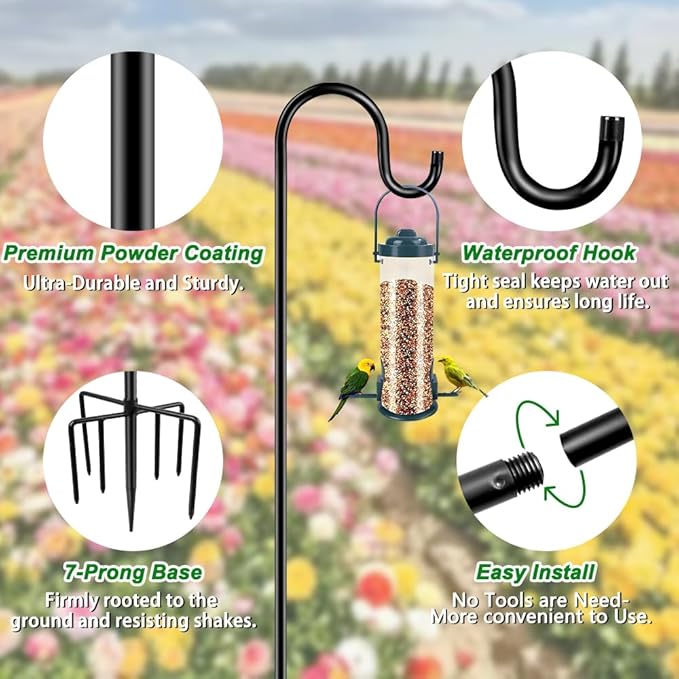 60" Shephards Hook for Outdoor, Heavy Duty Bird Feeder Pole with 7 Base Prongs, Adjustable Shepherds Hook for Hanging Bird Feeder, Solar Light Lanterns, Garden Plant Hanger Stands,2 Packs