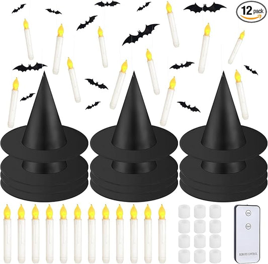 80 Pcs Halloween Hanging Witch Hats and Taper Floating Candles Set Includes 12 Witch Hats 12 LED Floating Candles Lights 56 3D Bats Wall Stickers for Halloween Decoration Front Porch Yard Decor