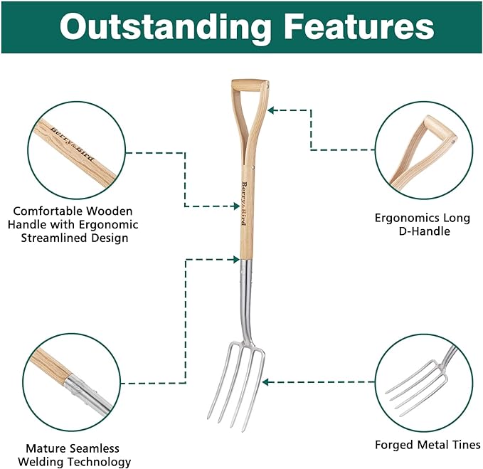 Berry&Bird Gardening Digging Fork, 4-Tine Stainless Steel Pitchfork, 43.9" Heavy Duty Spading Fork with D-Grip Handle and Ergonomic Ash Wood Handle for Digging, Planting, Cultivating, Aerating