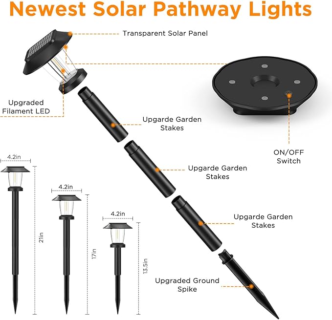 Solar Pathway Lights Outdoor - 10 Pack Solar Powered Garden Lights Waterproof, Decor Landscape Lighting with Three Lighting Modes for Yard, Lawn, Walkway, Driveway, Warm White