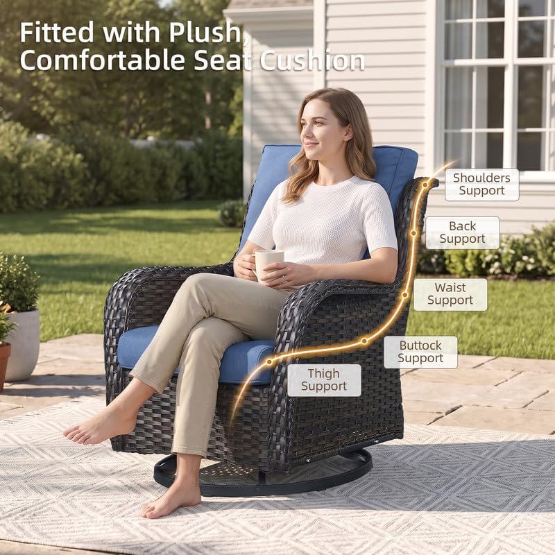 Outdoor Brown Wicker Furniture Set of 5, Wicker Patio Conversation Set Blue - Image 4