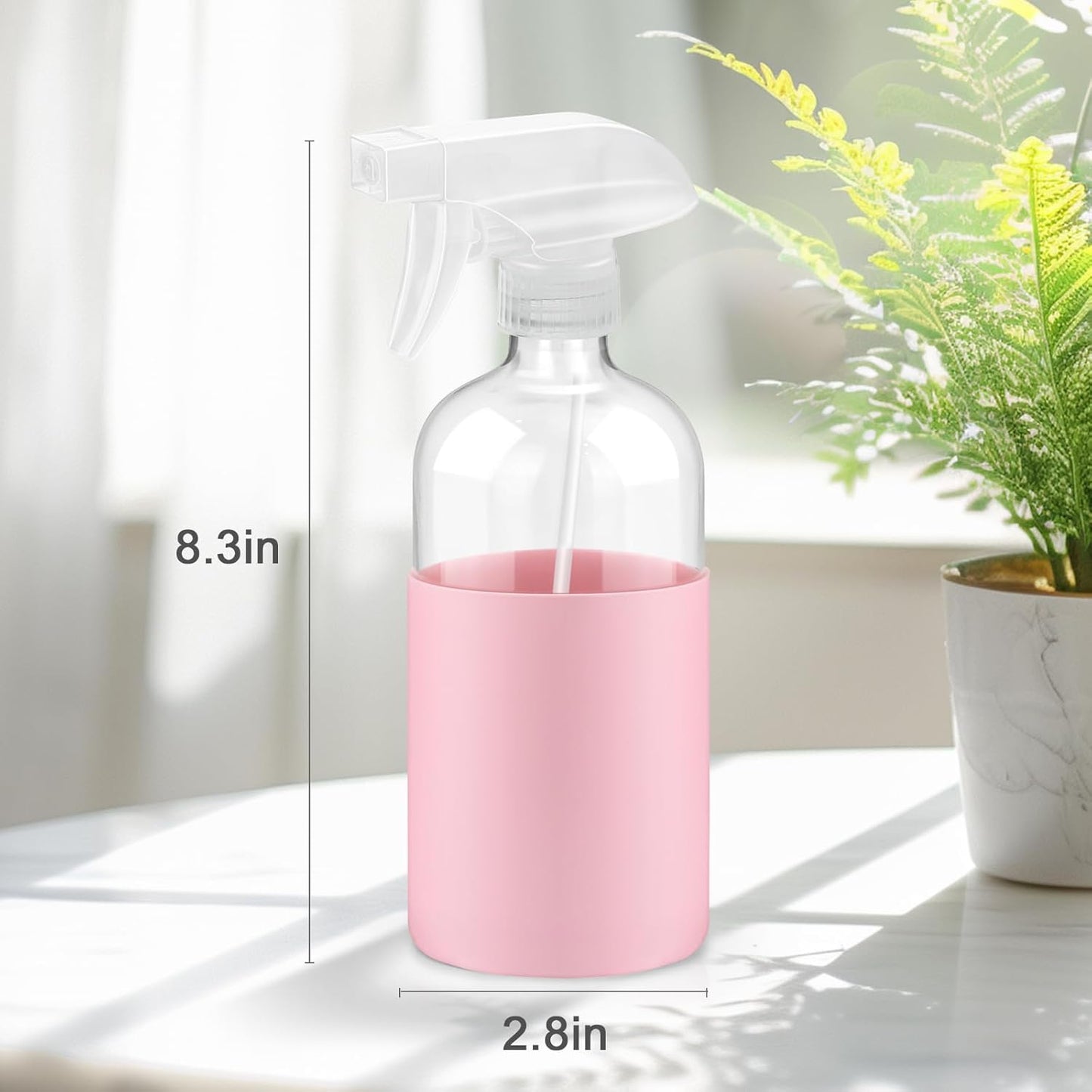 2 Pack Glass Spray Bottles with Silicone Sleeve, 16 oz Empty Refillable Containers with Adjustable Spray Nozzles, Spray Bottles for Hair, Cleaning Solutions and Plants Pink&khaki