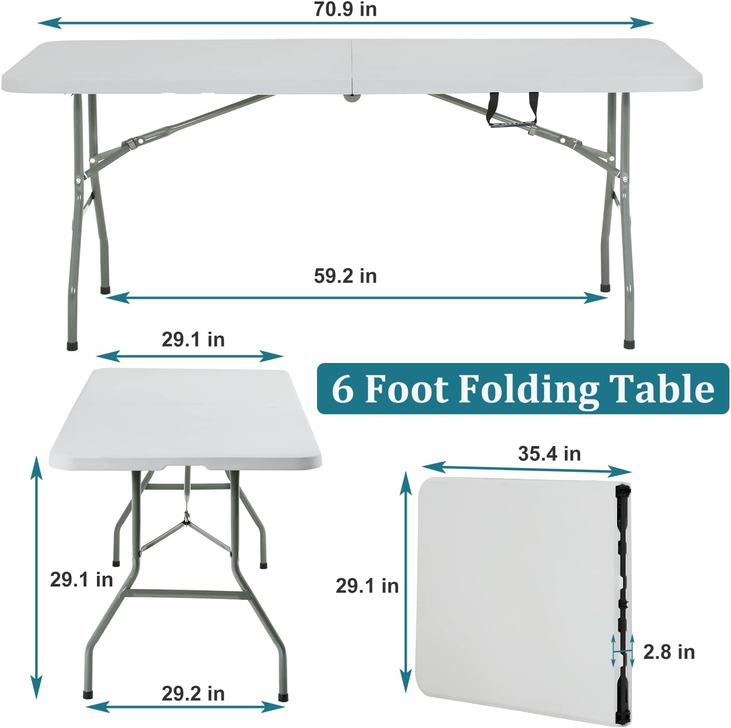 6FT Folding Table, Heavy Duty Plastic Table Portable Fold-in-Half Utility Table Indoor Outdoor Picnic Table w/Handle & Lock for Camping BBQ Party Wedding Market Events, 500LBS