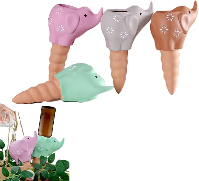 4-Pack Self-Watering Terracotta Spikes for Plants, Automatic Plant Watering Stakes, Keeps Plants Hydrated While You're Away, Ideal for Indoor & Outdoor Use (Elephant Design)