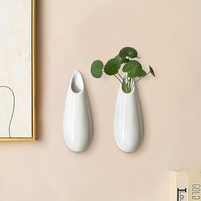 2 Pack White Ceramic Wall Vases,5.9 Inch Wall Hanging Plant Holder,Cubicle Modern Decor Plant Holder Vase for Indoor Plants, Hanging Propagation Flower Pots for Air Vases