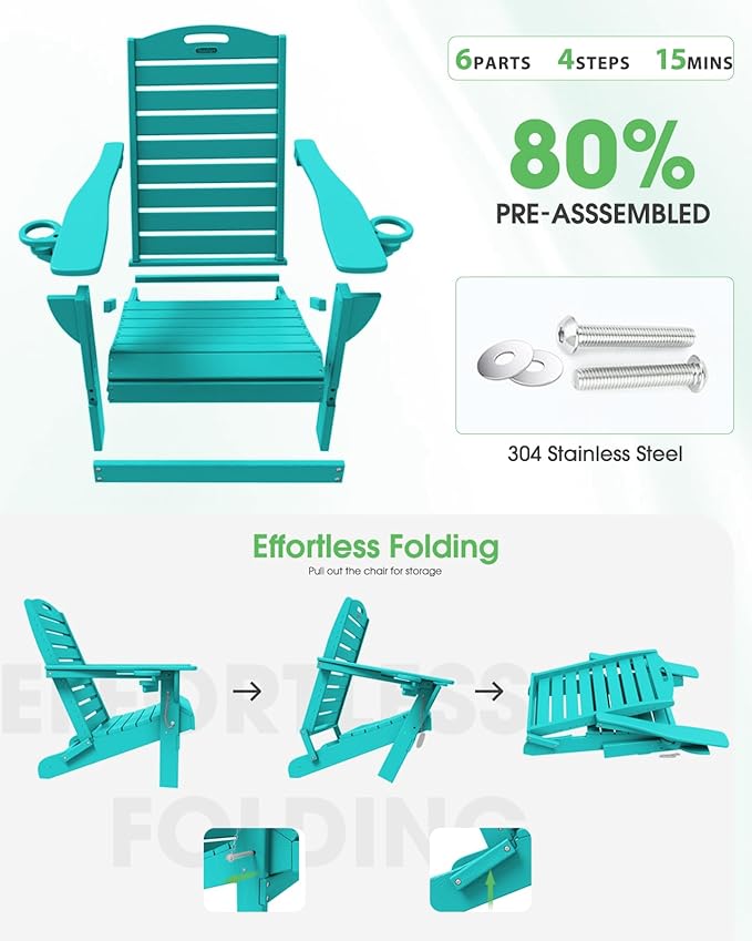 Folding Adirondack Chair HDPE All-Weather Adirondack Chairs with Cup Holder, Outdoor Fire Pit Chairs Lawn Chair for Deck Patio Garden (Lakeblue)