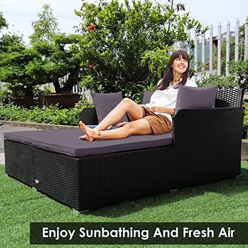 COSTWAY Outdoor Patio Rattan Daybed, Sponge Cushioned Loveseat Sofa - Image 5