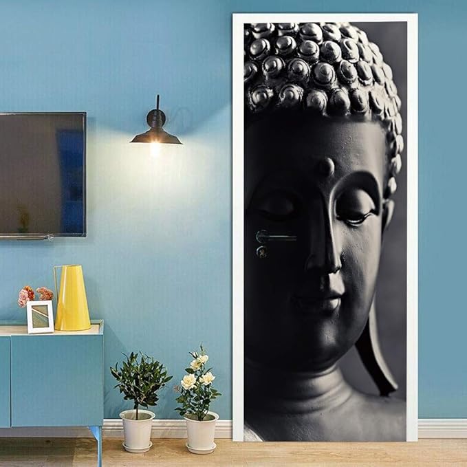 3D Door Stickers - Buddha Statue - Peel & Stick - Waterproof & Washable - Matt Finish - Oriental Style - Black - 37.4" x 84.6" - 2 Pieces