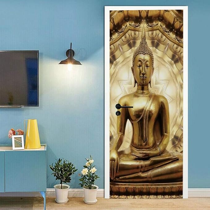 3D Door Stickers - Buddha Statue - Peel & Stick - Waterproof & Washable - Matt Finish - Oriental Style - Door & Wall - 2 Pack - 33.9" x 78.7"