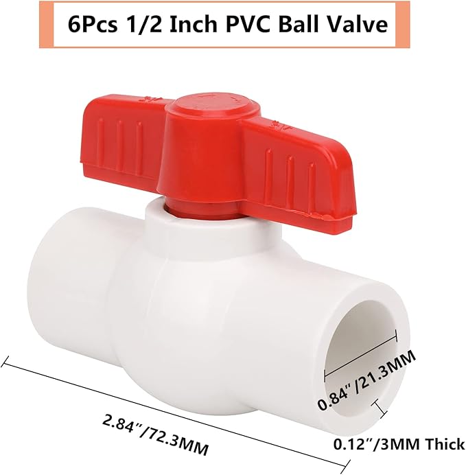 6Pcs 1/2" PVC Ball Valve Water Pipe Shut-off Valve Socket with Red T-Handle for Cold Water Supply lines, Irrigation Pipe fitting System(Socket x Socket), Schedule 40
