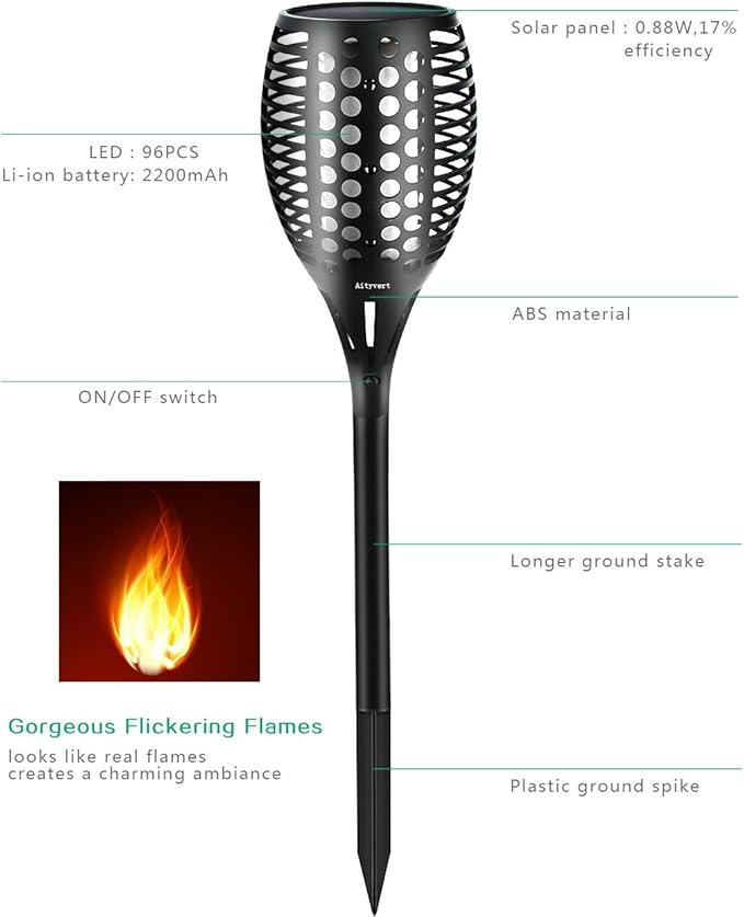 Aityvert Upgraded Solar Torch Lights 43 inches Flickering Dancing Flames Outdoor Waterproof Landscape Lighting Dusk to Dawn Auto On/Off Solar Lights for Yard Garden Patio Pool 1-Pack