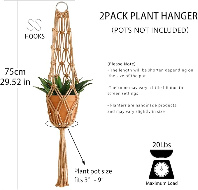 Artilady Hanging Planter for Indoor Plants Macrame Plant Hanger Large Hanging Plant Holder Brown Plants Basket White Rope Boho Original Wall Decor