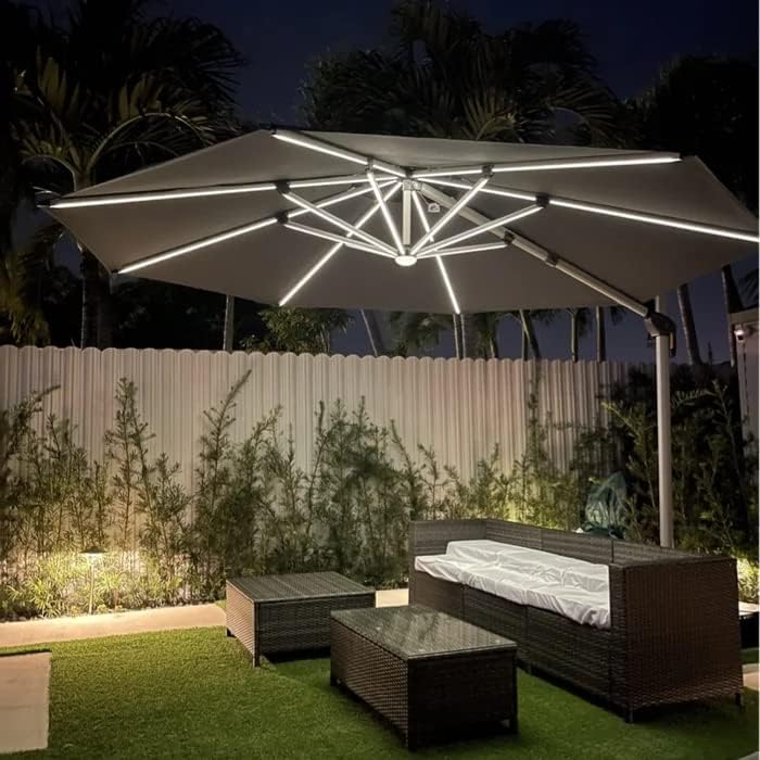 PURPLE LEAF 11ft Solar powered LED Patio Umbrella Outdoor Round Umbrellas Large Cantilever Umbrella with LED lights Windproof Offset Umbrellas Heavy Duty Sun Umbrella for Garden Deck Pool Patio, Grey