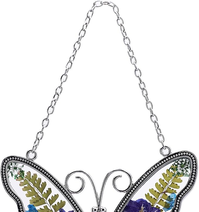Laraine Butterfly Suncatcher with Pressed Colourful Flower Wings Mom Mother's Day Butterfly Glass Wind Chime Ornament Charm with Metal Heart Gifts for Mom Grandma Birthday (Purple Mom)