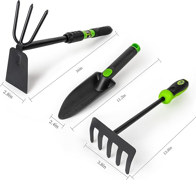 Hoe Garden Tool Set, 3 Piece Handheld Gardening Tools includs Garden Hoe and Cultivator Combo, Mini Hand Rake and Garden Trowel Outdoor Heavy Duty Garden Tools for Weeding or Digging