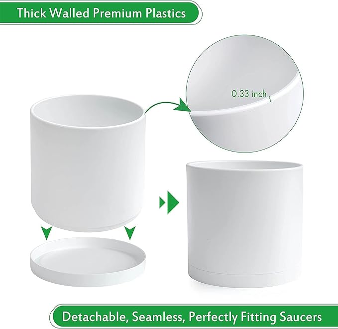 D'vine Dev 2 Pack 12 Inch Modern Plastic Plant Pots, Small Garden Planters for Plant with Drainage Holes and Saucers, White Color, 74-Z-P-1
