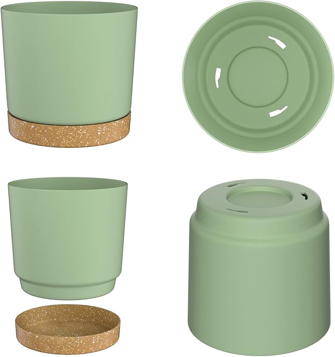 ZMTECH Plant Pots, Set of 3 8'' Self Watering Plastic Planter with Drainage Hole and Saucer, Modern Decorative Flower Pot for Indoor Outdoor House Plants, Succulents, Flowers - Green