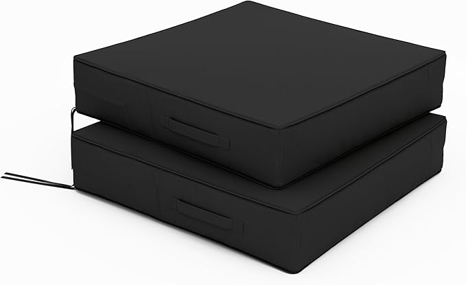 Patio Chair Cushions 24 X 24 X 5 Inch Waterproof Outdoor Seat Cushions for Patio Furniture, Outdoor Sofa Couch Pads with Ties & Handle, Set of 2, Black