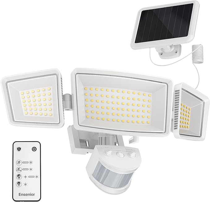 Ensenior 5 Motion Sensor Modes Solar Security Light, 1800LM 270° Wide Angle 3 Heads LED Flood Lights, IP65 Waterproof Wall Lights, Separate Solar Panel Remote Control Solar Lights Outdoor