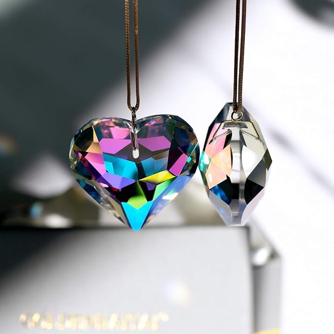 AB Color Heart Crystal Suncatcher, 2pc 45mm Hanging Prism for Windows, Outdoor Indoor Decoration, Rainbow Maker Gifts for Mom, Grandma, Friend