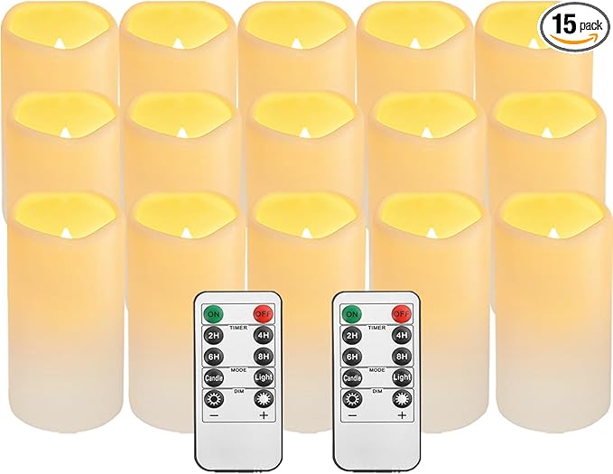 15Pack Waterproof Flameless Remote Control Candles (D3''*H5.5''） Battery Operated Flickering LED Pillar Candle，plastic with 10-Key 24Hours Timer for Outdoor/Indoor Party Garden Lanterns Porch Ivory