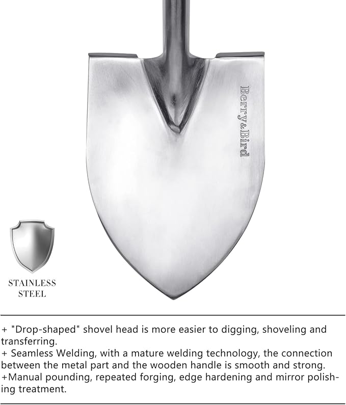 Berry&Bird Shovels for Digging, 43’’ Round Spade Heavy Duty Shovel with Wooden D Handle Stainless Steel Snow Shovel Garden Shovel Yard for Transplanting & Outdoor