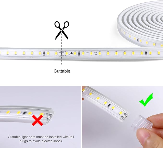 AIMENGTE Outdoor LED Strip Lights Waterproof, AC 110V, 1200LEDs, 6500k LED Rope Bright Lights for Garden, Patio, Indoor Under Cabinet Home Christmas Decoration(32.8ft, Cool White)