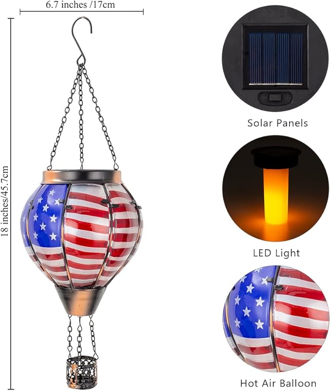 2PCS Flag Solar Hot Air Balloon Lantern with Flame Flickering Light,Glass Hot Air Balloon Solar Lanterns Outdoor Waterproof,Hanging Outdoor Light for Patio Yard Garden Birthday Gifts for Women