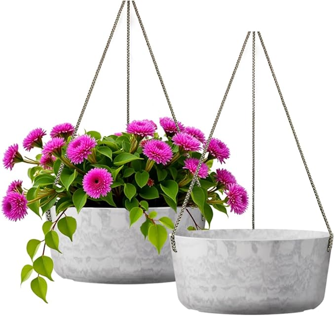 10.7 Inch Hanging Planter for Outdoor Indoor Plants，2 Pack Hanging Flower Pots with Drain Holes for Garden Home Decor Use (Marble)