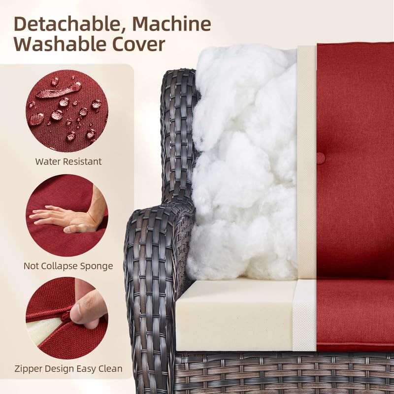 2 Pieces Outdoor Wicker Swivel Rocker Patio Chairs Set of 2, Cushions Red - Image 4