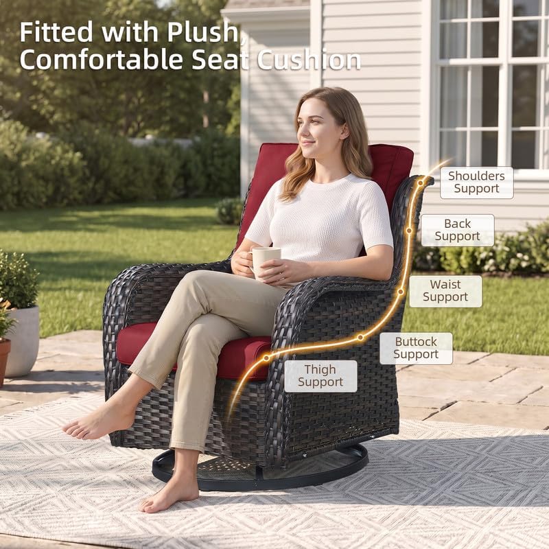 2 Pieces Outdoor Wicker Swivel Rocker Patio Chairs Set of 2, Cushions Red - Image 3