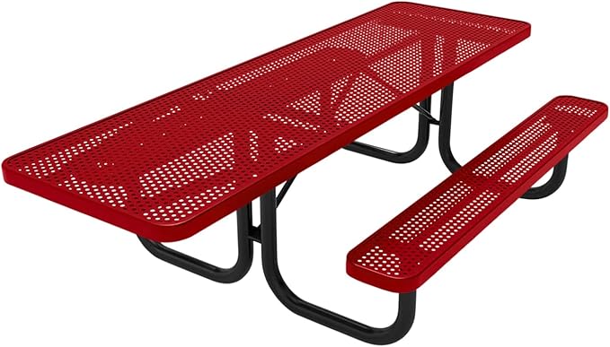 Coated Outdoor Furniture Heavy-Duty Portable ADA-Compliant Outdoor Picnic Table, Punched Steel Patio Dining Furniture Made in America (8ft Rectangular, One-Side Handicap, Textured Red)
