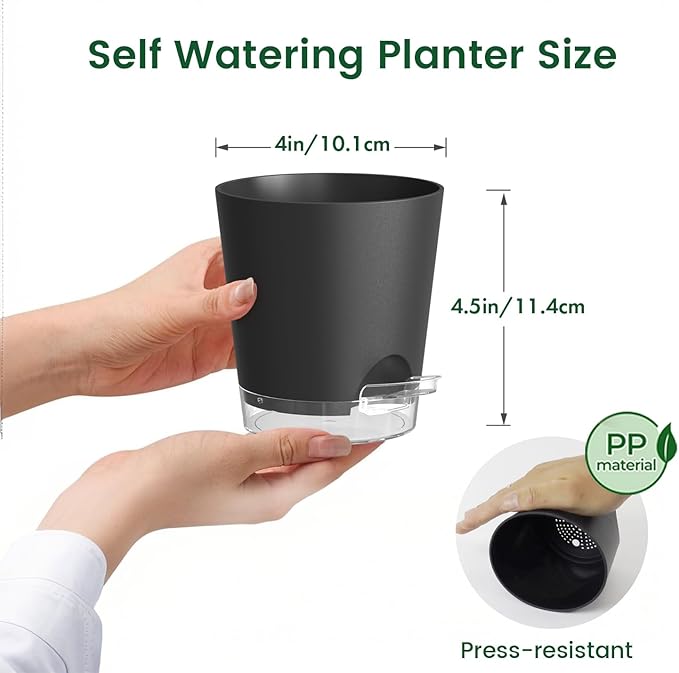 4 inch Self Watering Pots for Indoor Plants, 5 Pack Small Flower Plant Pots with Drainage Holes and Clear Reservoirs, Visible Water Level, Plastic Planters with Wicking Rope, Black