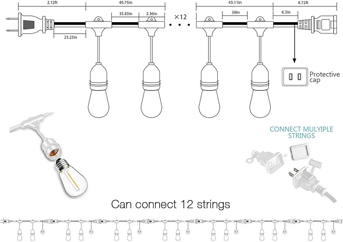 Banord White Outdoor String Lights, Commercial Grade Patio Lights with 30 1W S14 Dimmable Shatterproof LED Bulbs, Heavy Duty Hanging Lights for Outdoor, Waterproof String Lights 96ft (2x48ft)