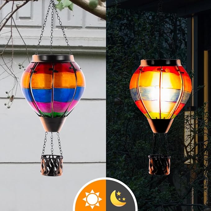 2 Pcs Hot Air Balloon Solar Lantern, Unique Solar Hot Air Balloon with Flame, Hanging Outdoor Lanterns Waterproof Decor for Patio, Garden, Porch