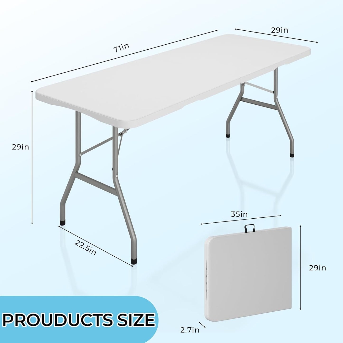 6ft Folding Table, Outdoor Foldable Table with HDPE Tabletop, Safety Locks, Easy to Carry and Store, No-Assembly Camping Table for Dining, Picnic, White