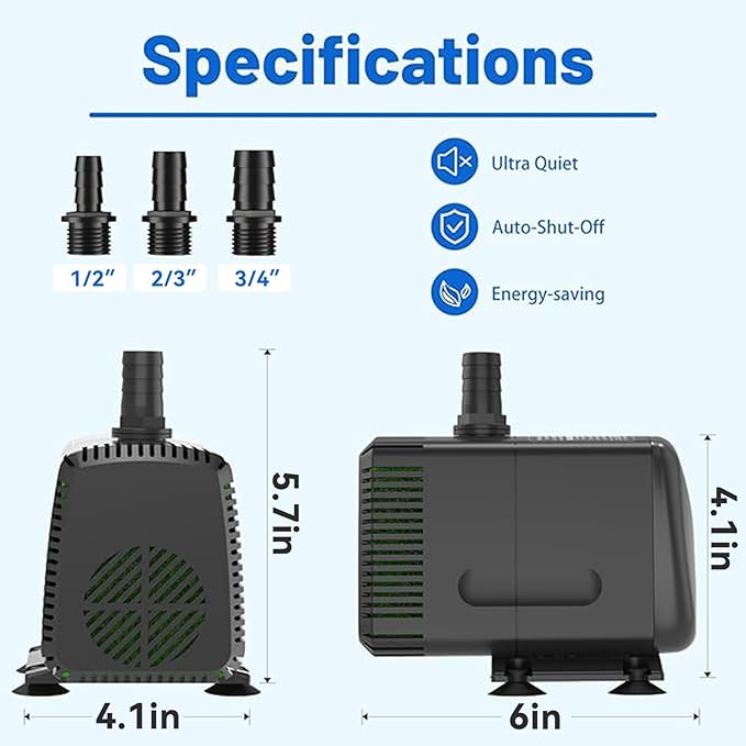 Submersible Pump 880GPH with AUTO-Shut-Off 10ft High Lift for Fountains, Hydroponics, Ponds, Aquariums & More