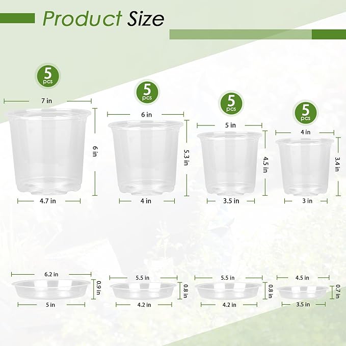 4/5/6/7 Inch Clear Nursery Pots for Plants with Sacuers 20 Pack, Plastic Flower Pots with Drainage Holes, Variety Pack Seedlings Garden Pot for Indoor Outdoor (4+5+6+7 inch)
