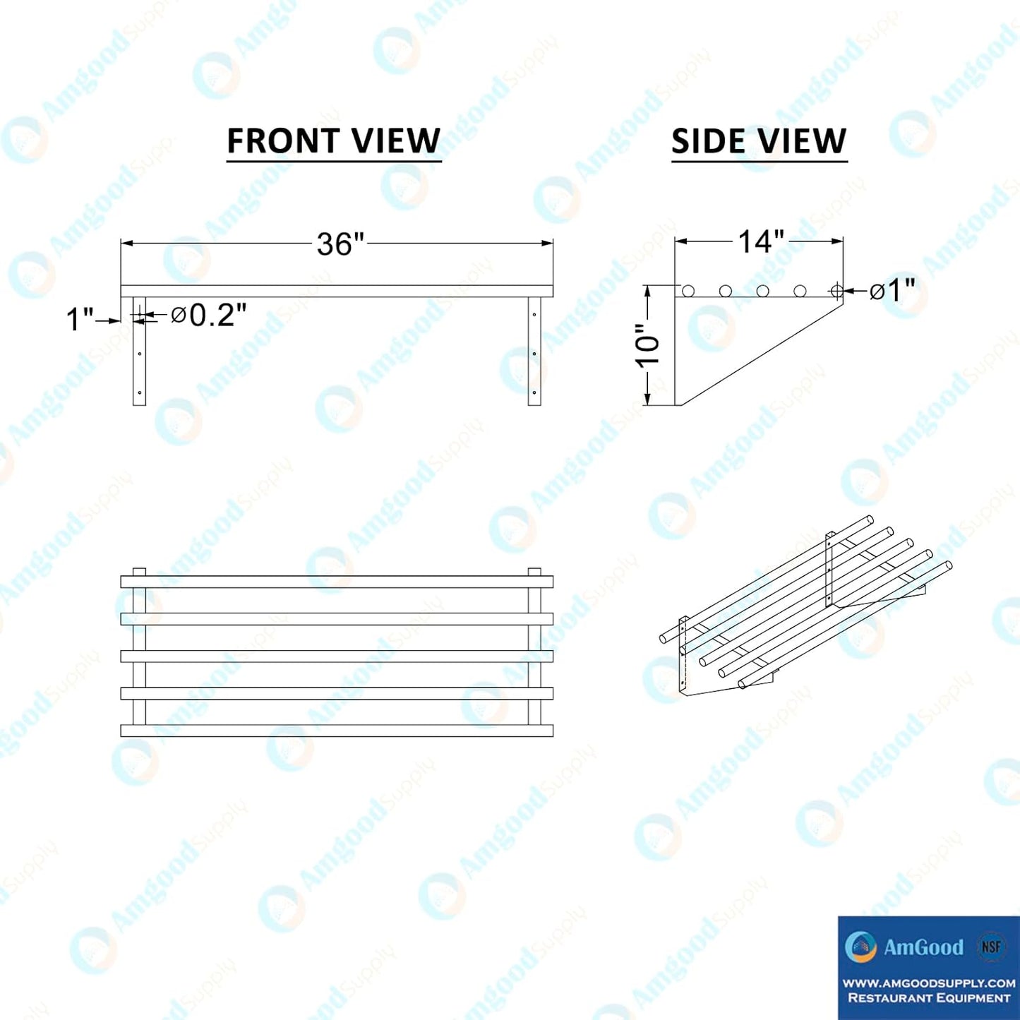 AmGood 14 in. x 36 in. NSF Stainless Steel Tubular Wall Shelf | Heavy-Duty Metal Shelving for Appliances & Equipment | Ideal for Kitchen, Restaurant, Garage, Laundry, Utility Room