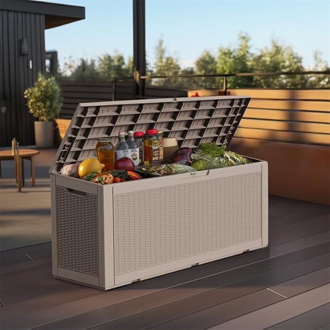 DRATO 100 Gallon Large Deck Box, Outdoor Storage Box for Patio Furniture, Patio Cushions, Gardening Tools, Pool Supplies,660lbs Weight Capacity,Waterproof Resin Storage Boxes