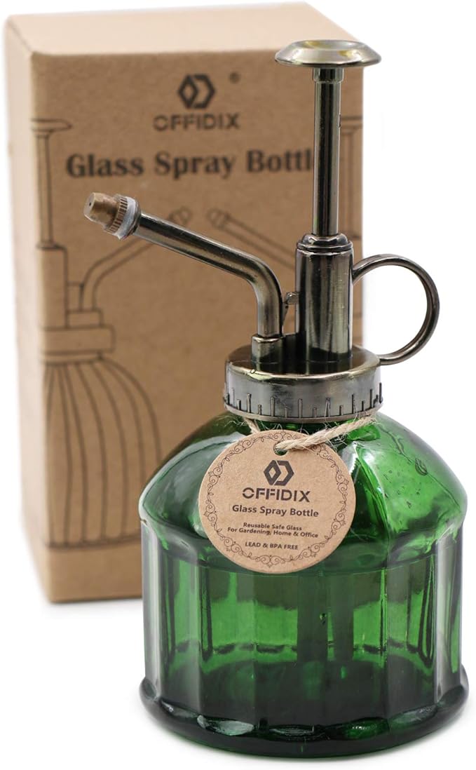 OFFIDIX Glass Plant Mister, 6.3 Inches Tall Vintage Style Spritzer Bronze Plastic Top Pump One Hand Watering Can Indoor Plant Spray Bottle for Garden, Plants, Cleaning (Dark Green)