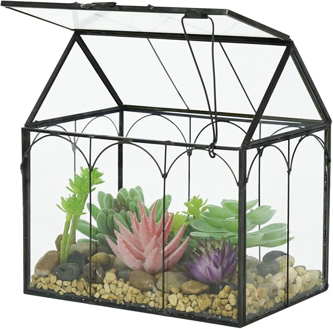 Ferrisland Glass Terrarium Plants with Lid, Black Geometric Terrarium Jar for Succulent Air Carnivorous Plant Moss Snail, House Shape Mini Tabletop Greenhouse Indoor Decor DIY Present (Only Terrarium)