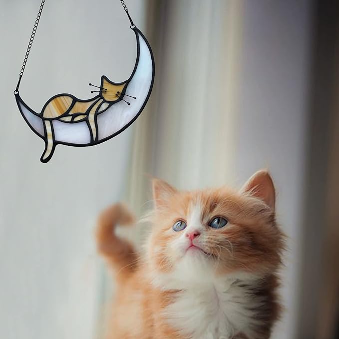 BOXCASA Sleeping Cat Stained Glass Windown Hanging,Yellow Cat on Moon Beautiful Handcrafted Sun Catcher Gifts for Daughter,Mothers Day,Christmas and Cat Lover