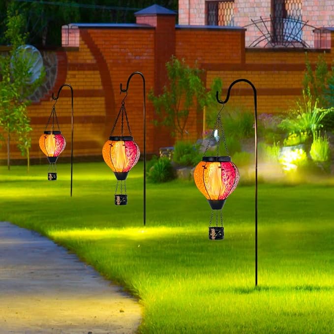 2PCS Solar Hot Air Balloon Lantern with Flame, Handmade Glass Hot Air Balloon Solar Lantern, Outdoor Lanterns Waterproof for Patio, Garden, Porch (Colorful)