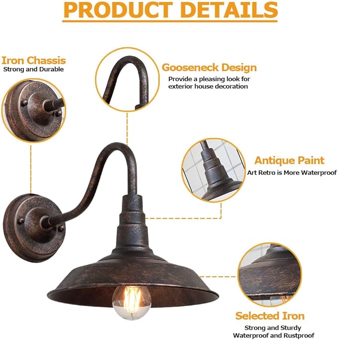 2-Pack Outdoor Gooseneck Barn Light 10" Retro Exterior Wall Light Iron Art Dome Farmhouse Wall Sconces Anti-Rust Waterproof Outdoor Light for House Porch Garage Entryway