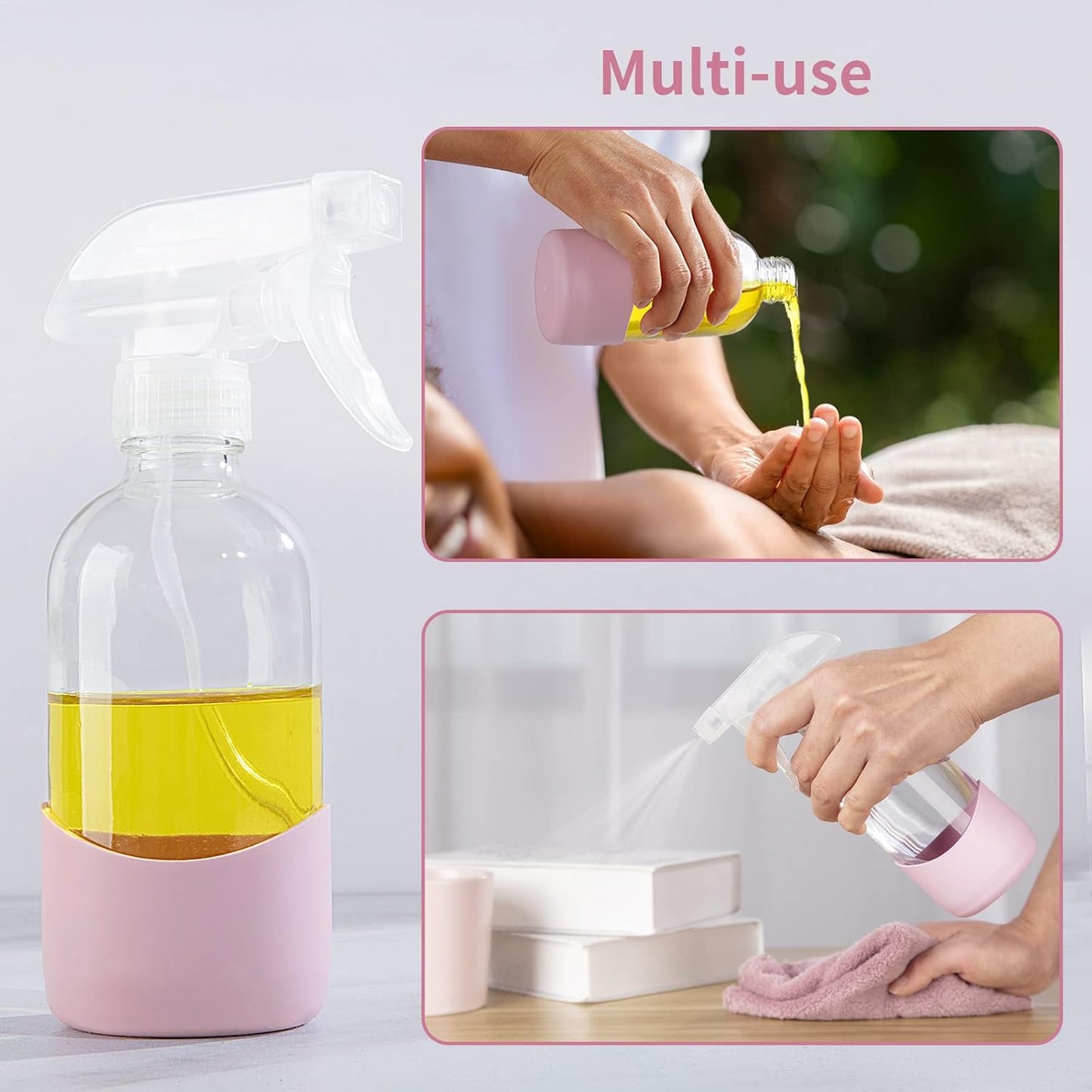 HOMBYS 8 Oz Empty Clear Glass Spray Bottles with Silicone Sleeve Protection Refillable Containers for Cleaning Solutions, Essential Oils, Misting Plants - Quality Sprayer - 3 Pack Boston Bottles