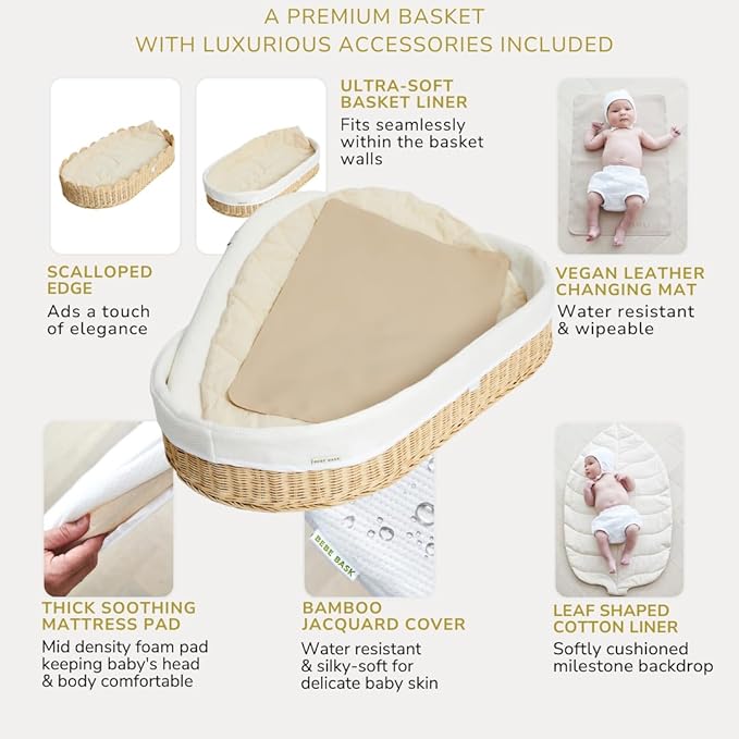 Bebe Bask Premium Baby Changing Basket - Artisan-Crafted Scalloped Rattan - Changing Basket for Baby Dresser - All Accessories Included - Complete Set for Nursery (Natural)