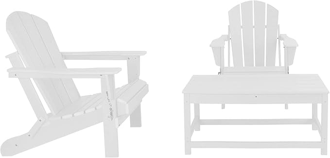 WO Home Furniture Adirondack Chairs Table Set of 3 PCS Outdoor Folding Chairs Coffee Table Weather/UV Resistant for Lawn, Garden, Bon Fire, Balcony (White)