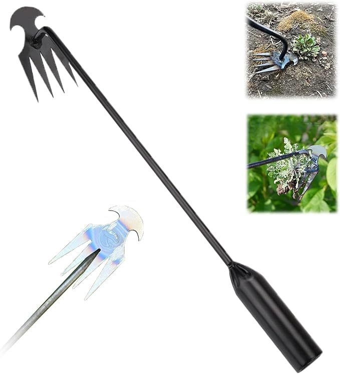 Amposei Weeding Artifact Uprooting Weeding Tool, Multifunctional Weeder, Hand Weeder Tool, Stand Up Weed Puller Tool with Handle for Garden Yard Farm Weed Removal (20in, Black Metal Handle)